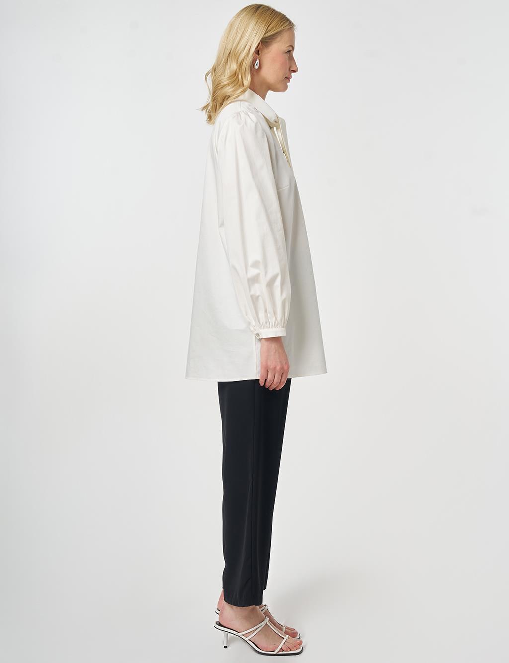 %100 Pamuklu Şal Yaka Tunik Ekru