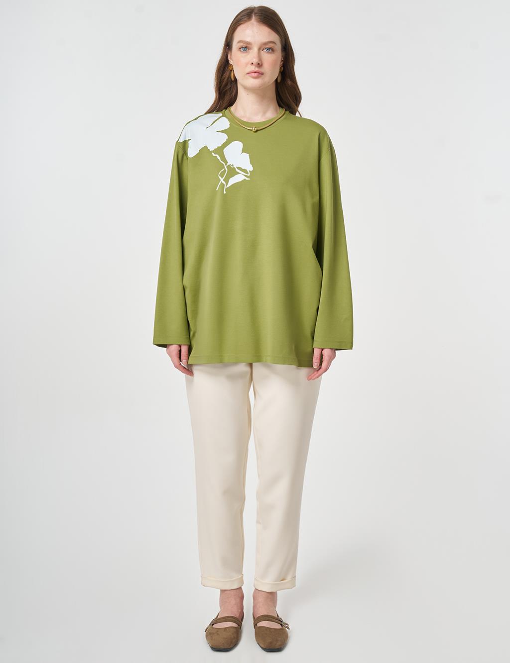Printed Detail Knit Sweatshirt Matcha Green