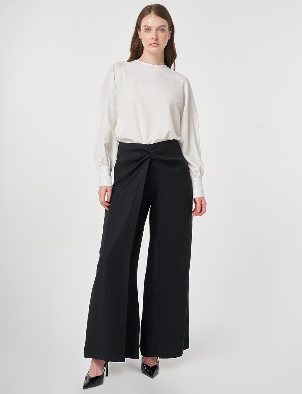 Waist-Detail Modal Trousers, Black