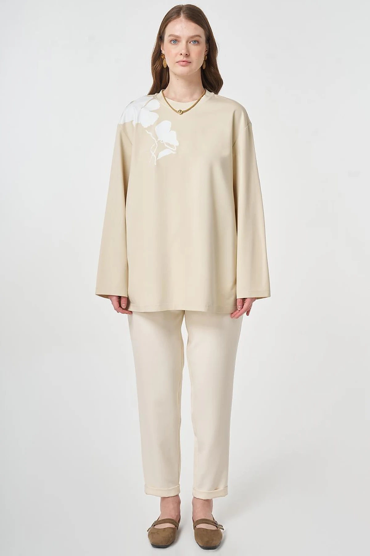 Printed Detail Knit Sweatshirt Cream
