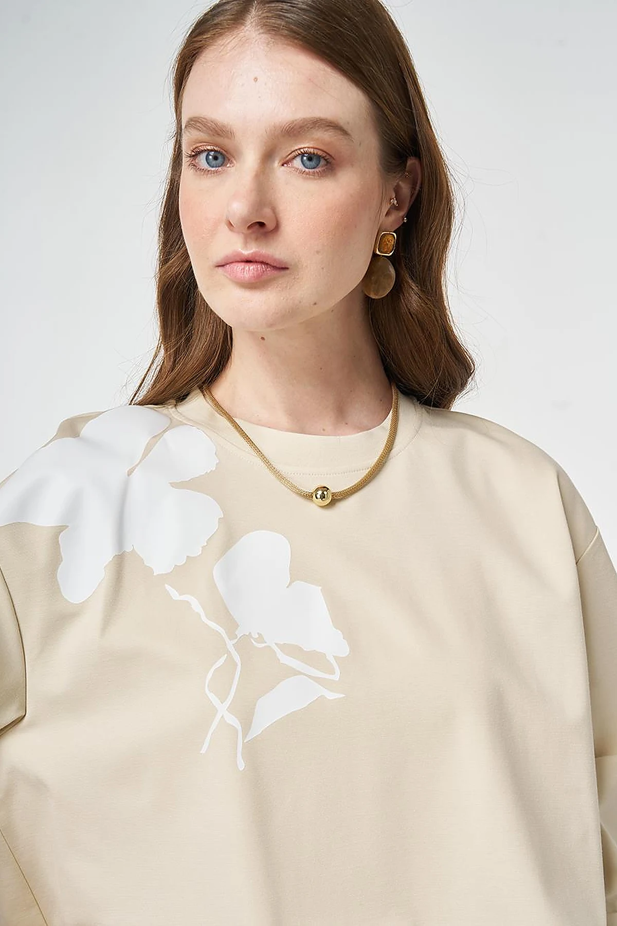 Printed Detail Knit Sweatshirt Cream