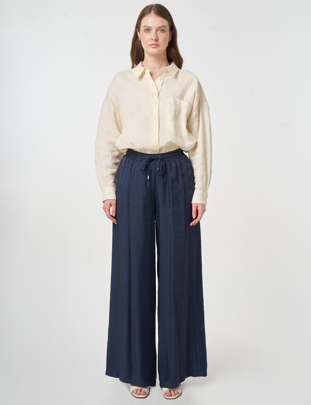 Ribbed Relaxed Fit Modal Trousers Dark Navy