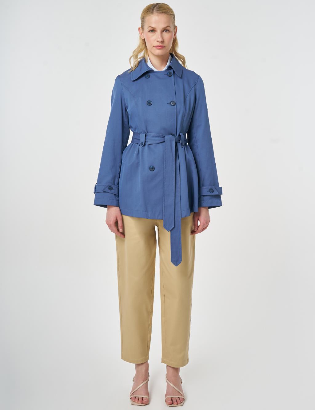 Kuşaklı Kısa Trençkot İndigo