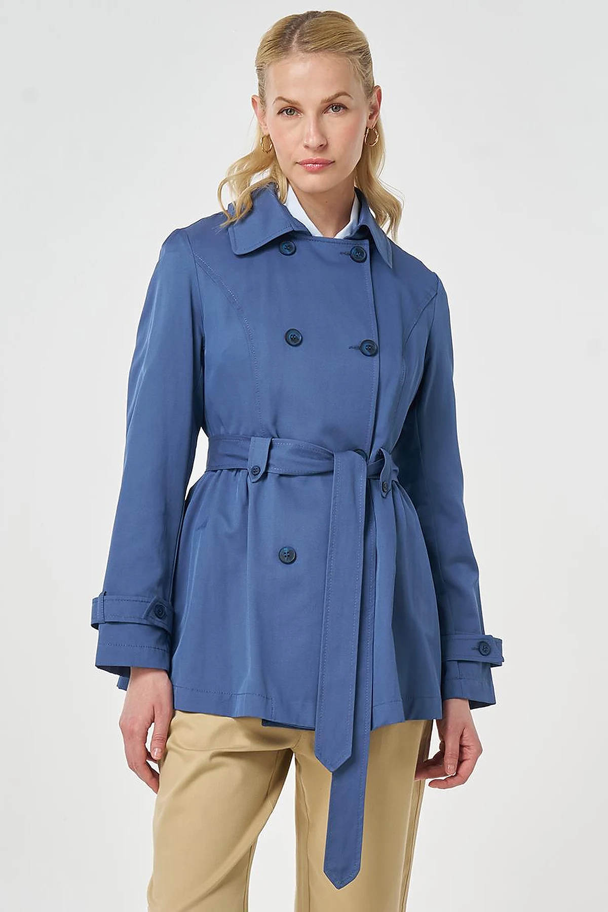 Belted Short Trench Coat, Indigo