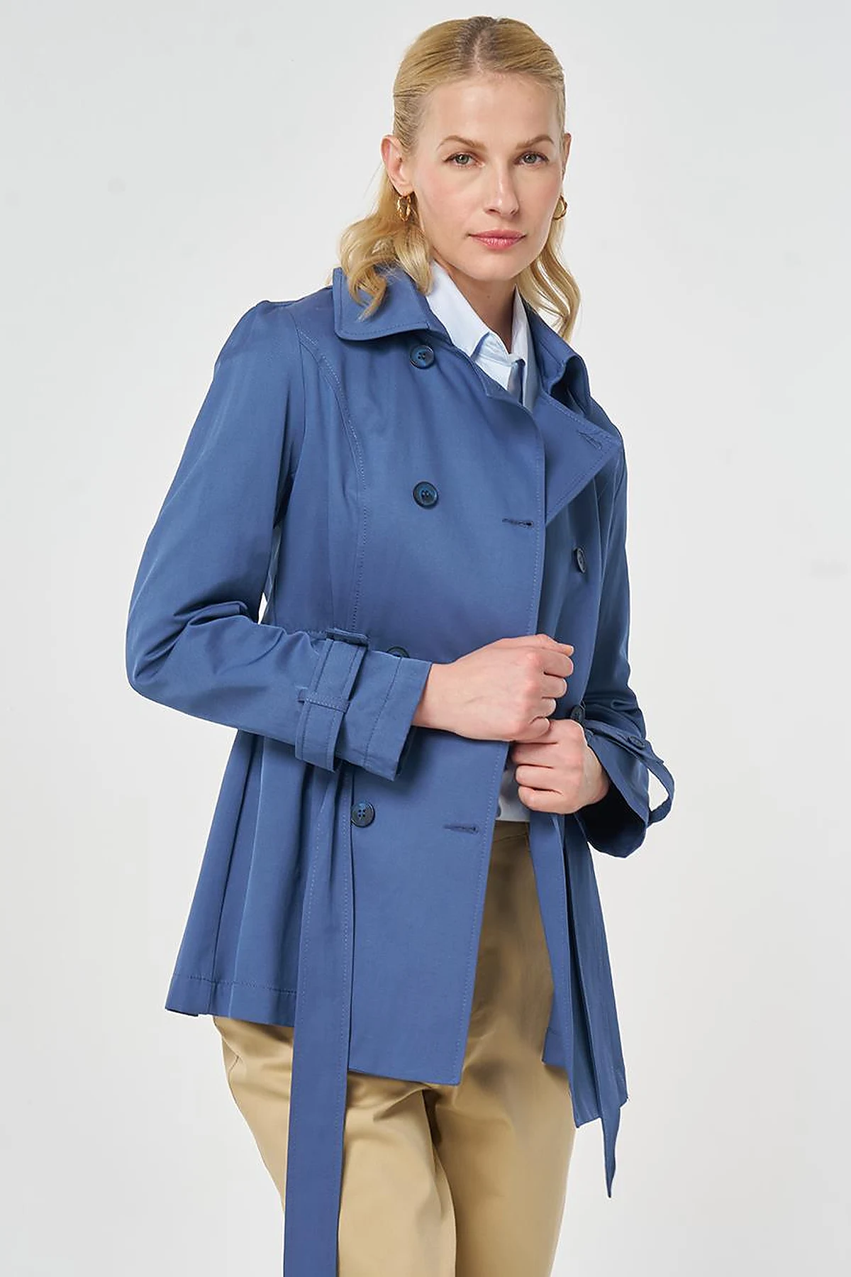 Belted Short Trench Coat, Indigo