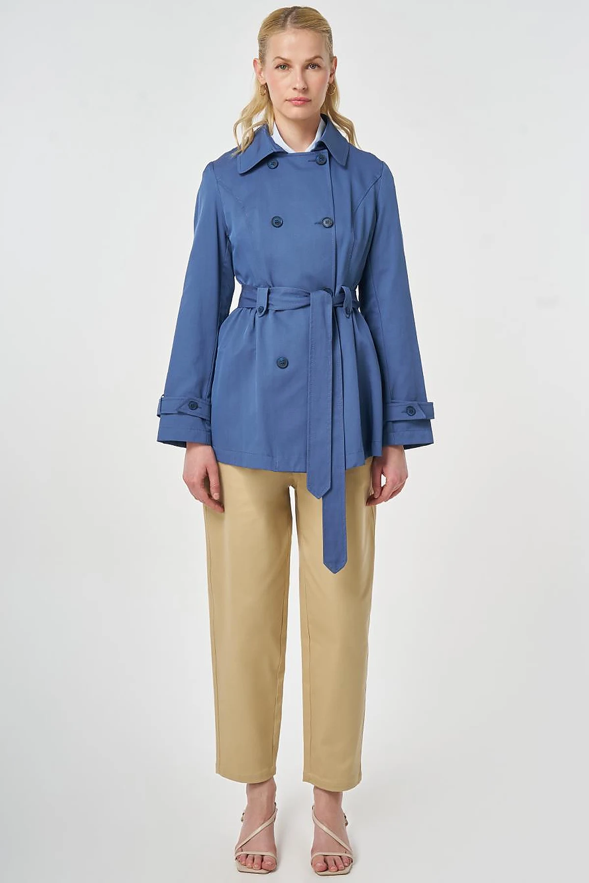 Belted Short Trench Coat, Indigo