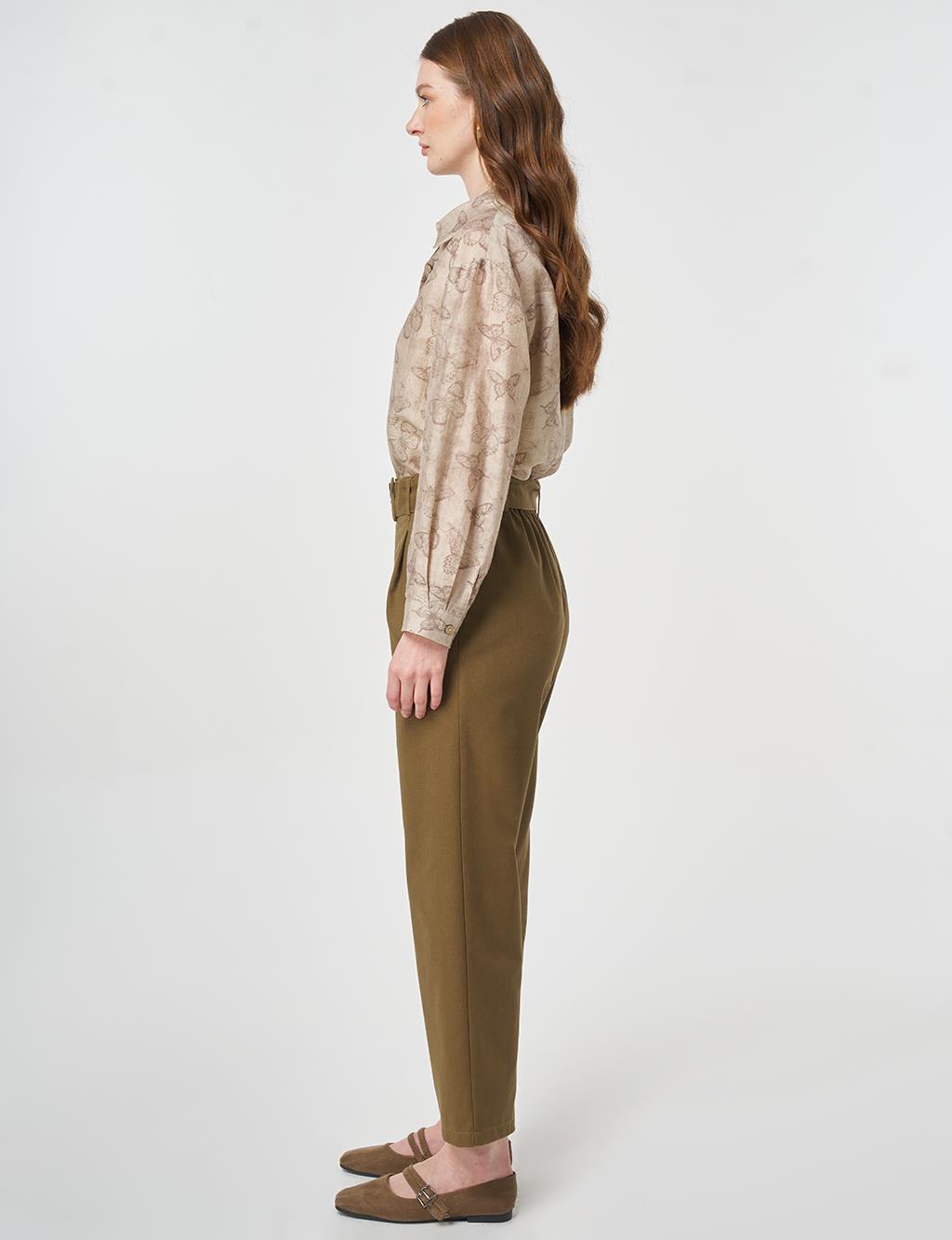 Belt-Detail Viscose Trousers Khaki