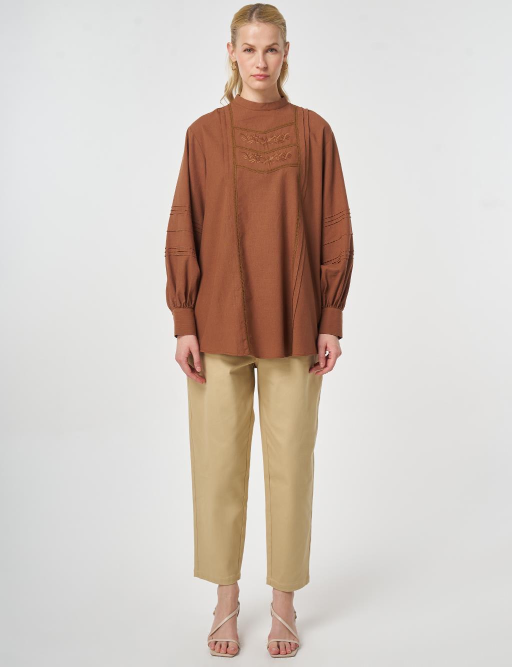 Ribbed Stitch Cotton Linen Blouse Brown
