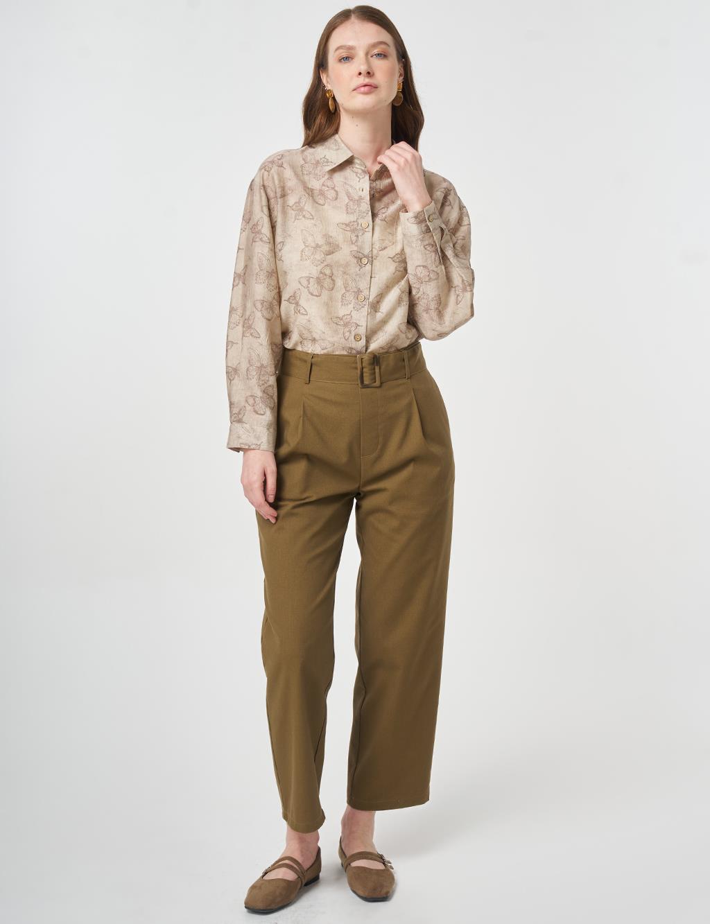 Belt-Detail Viscose Trousers Khaki