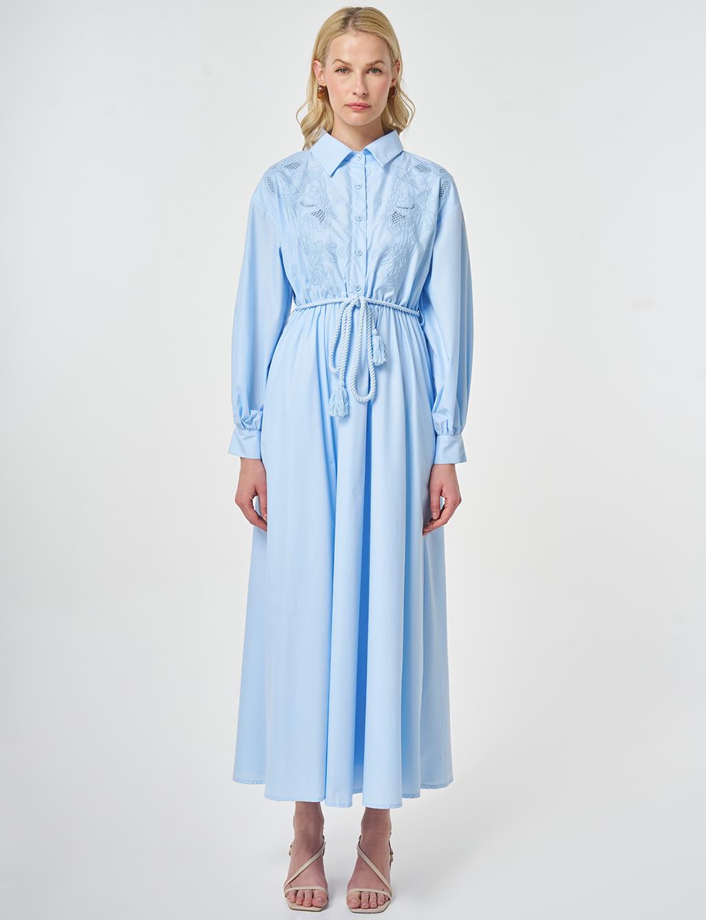 Embroidered Cotton Dress Ice Blue
