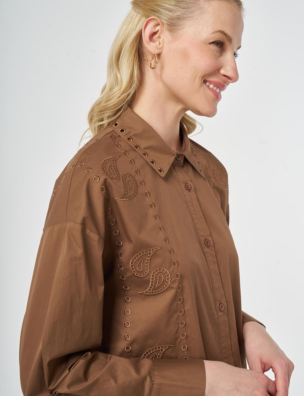 100% Cotton Shirt Collar Laser Cut Tunic Brown