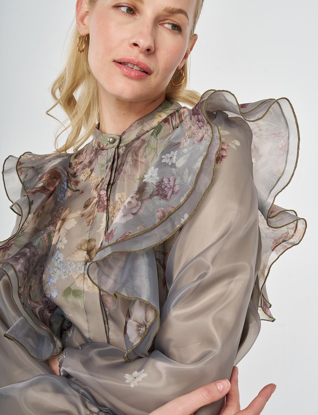 Fırfır Detaylı Organze Etekli Takım Küf Yeşili