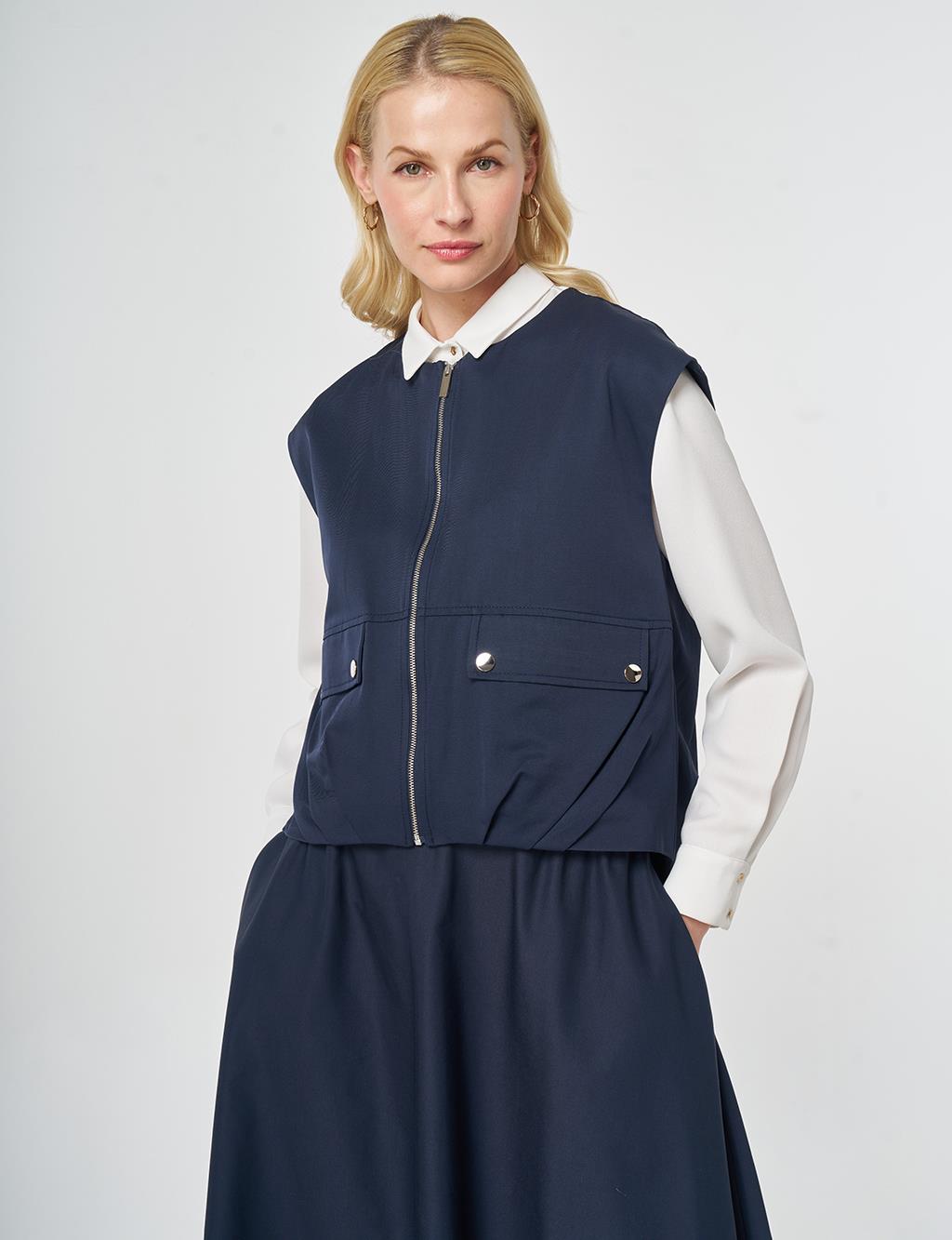 Zipper Closure Short Vest, Dark Navy