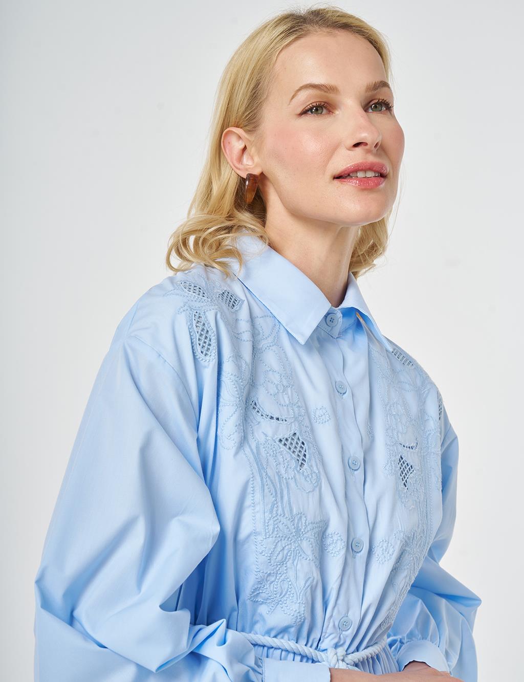 Embroidered Cotton Dress Ice Blue