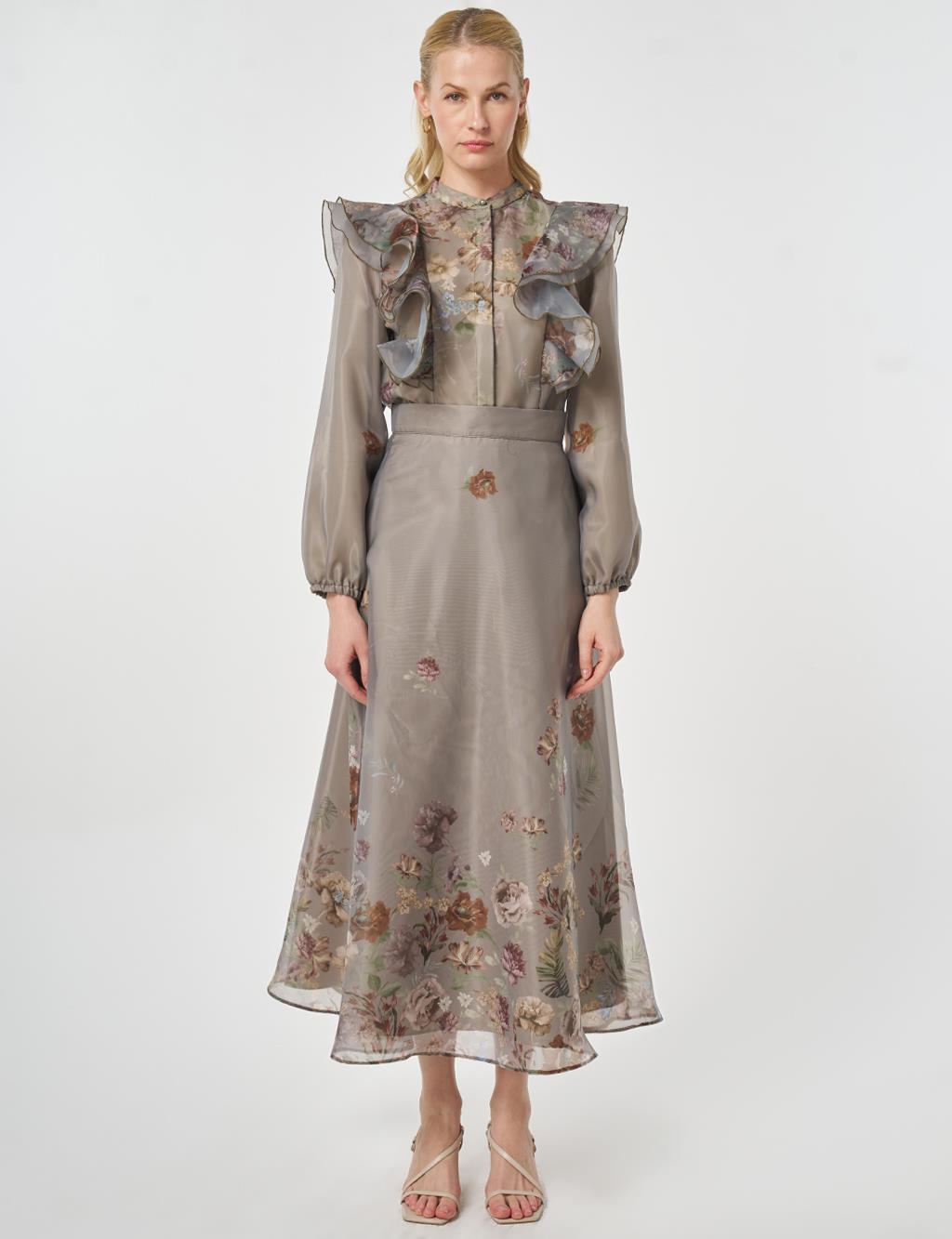 Fırfır Detaylı Organze Etekli Takım Küf Yeşili