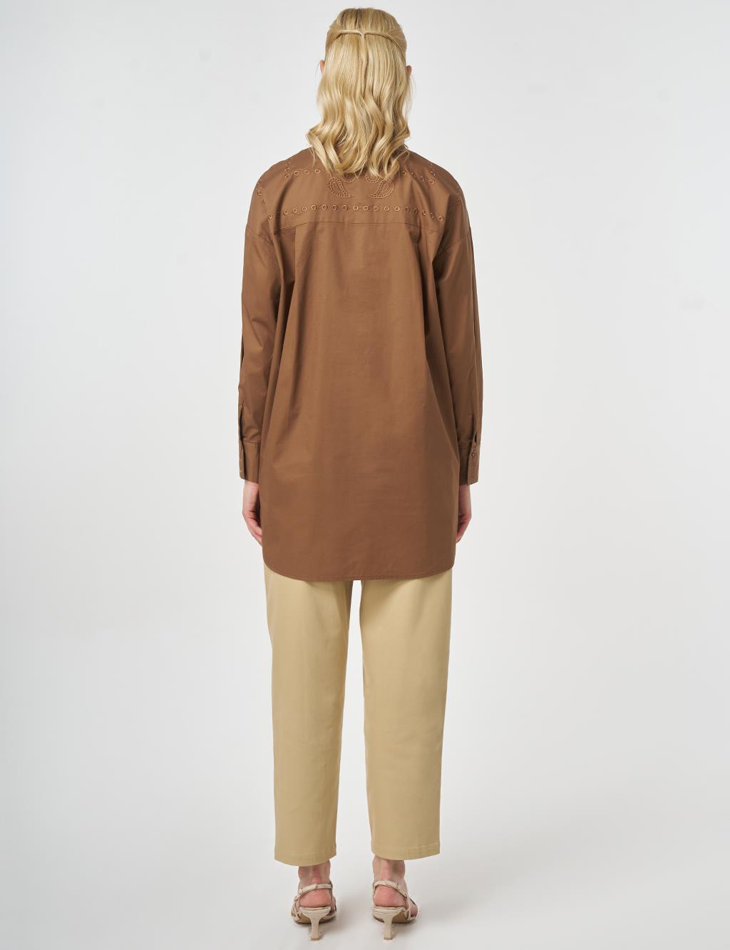 100% Cotton Shirt Collar Laser Cut Tunic Brown