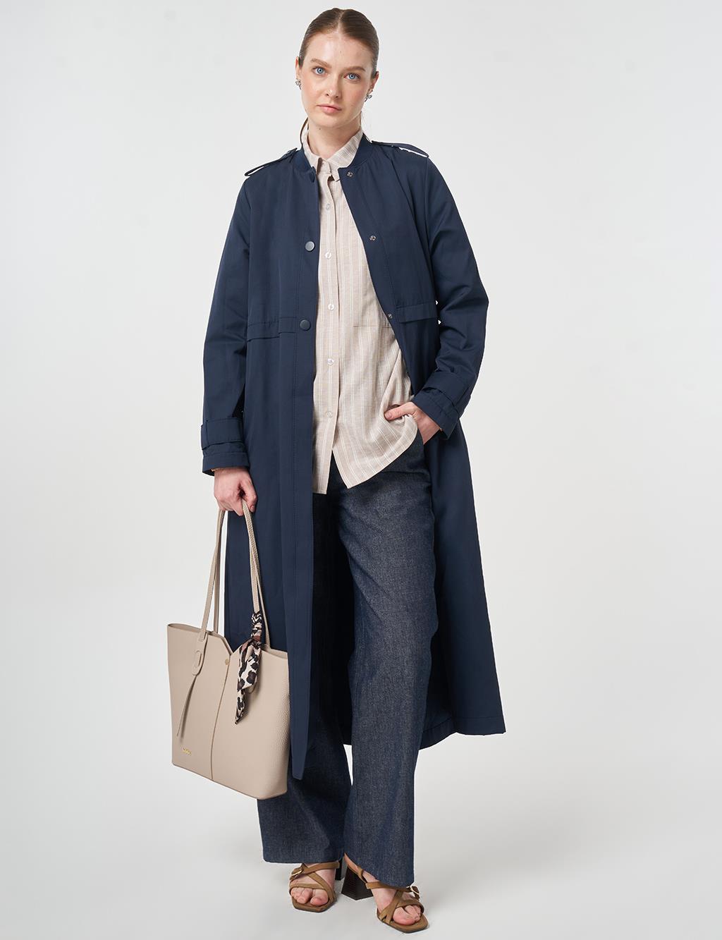 Epaulette-Detail Varsity Collar Throw-On Coat Dark Navy