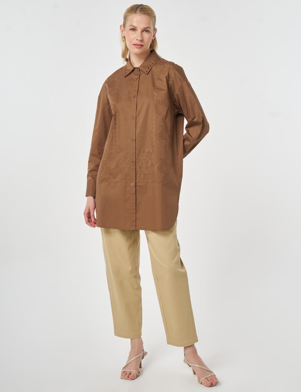 100% Cotton Shirt Collar Laser Cut Tunic Brown