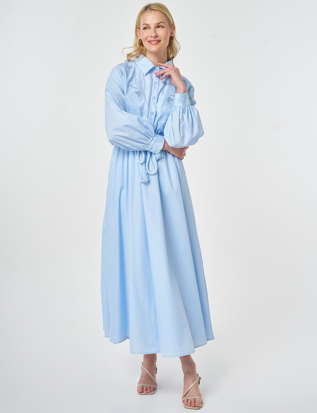 Embroidered Cotton Dress Ice Blue
