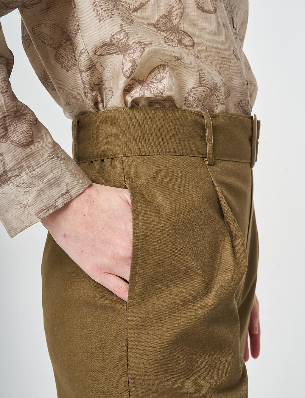 Belt-Detail Viscose Trousers Khaki