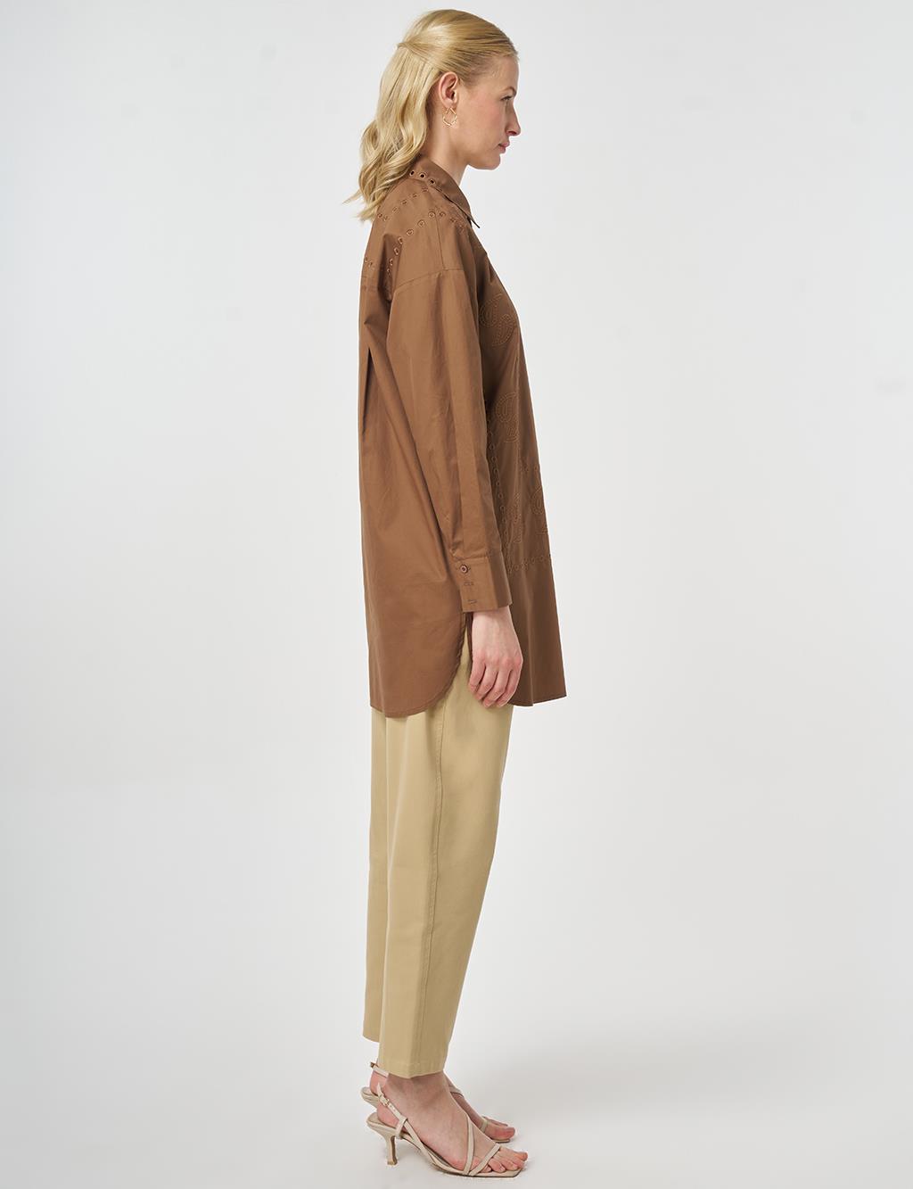 100% Cotton Shirt Collar Laser Cut Tunic Brown