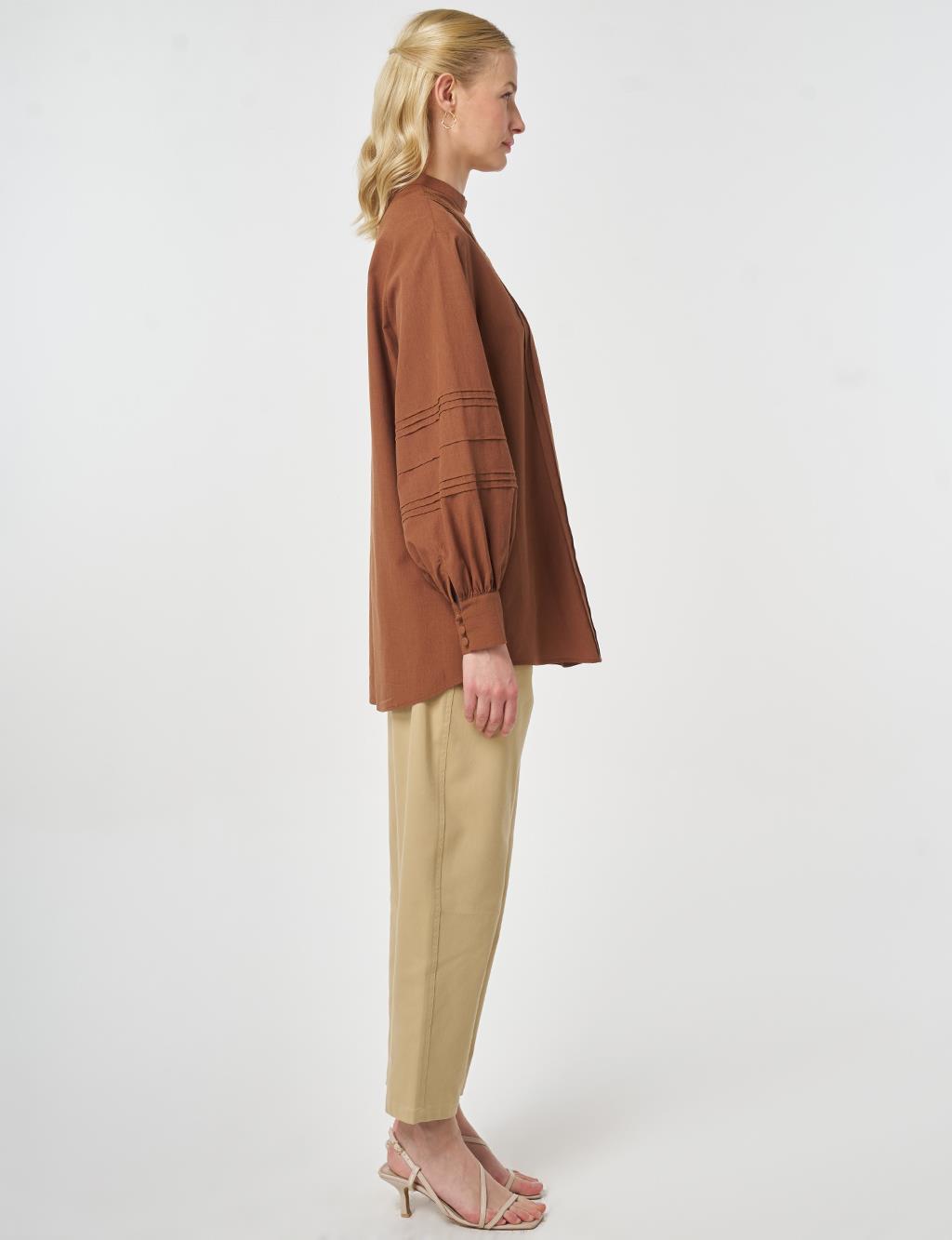 Ribbed Stitch Cotton Linen Blouse Brown