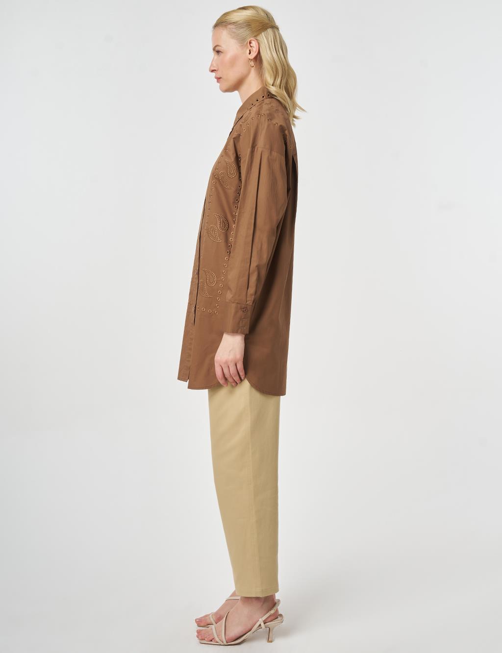 100% Cotton Shirt Collar Laser Cut Tunic Brown