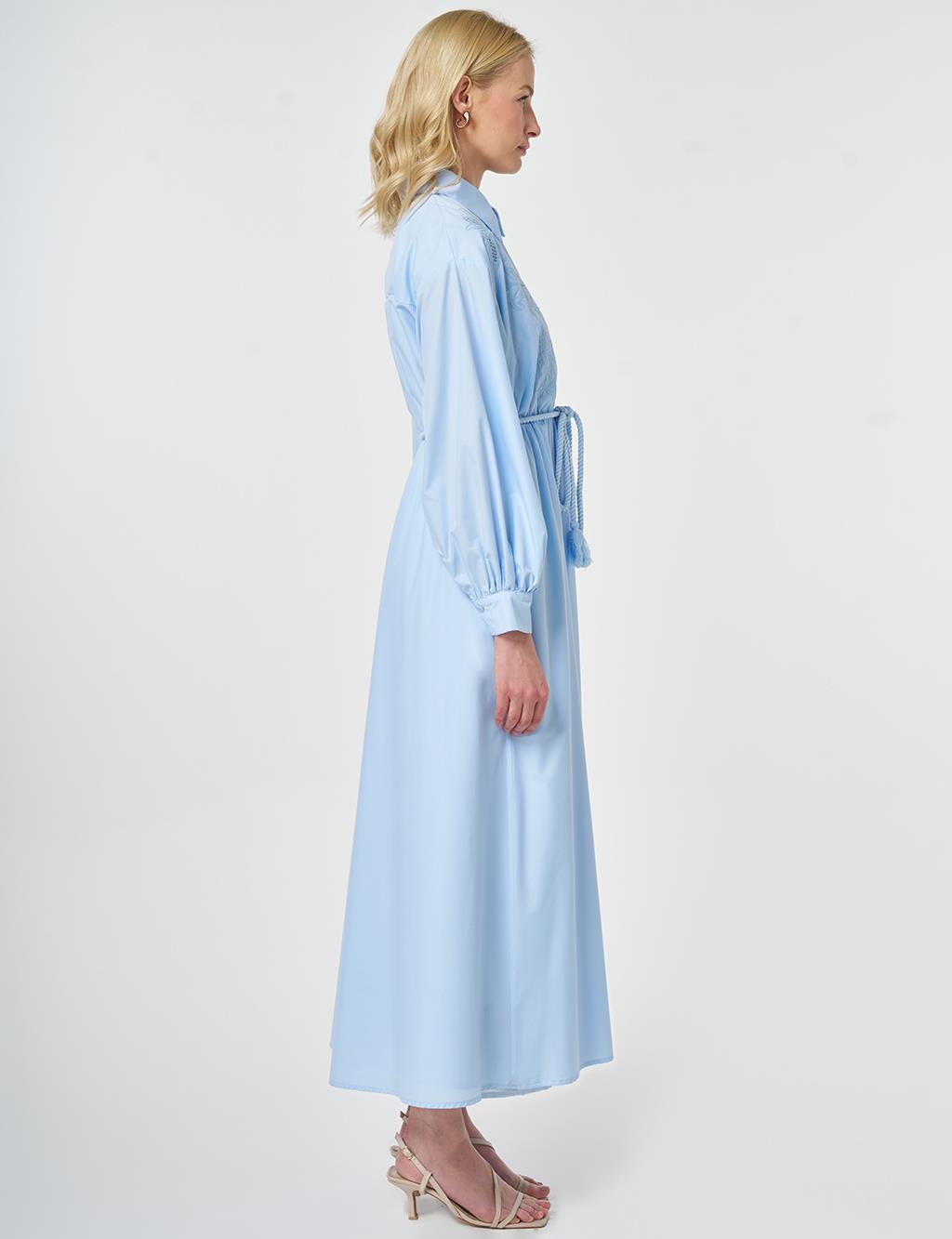 Embroidered Cotton Dress Ice Blue