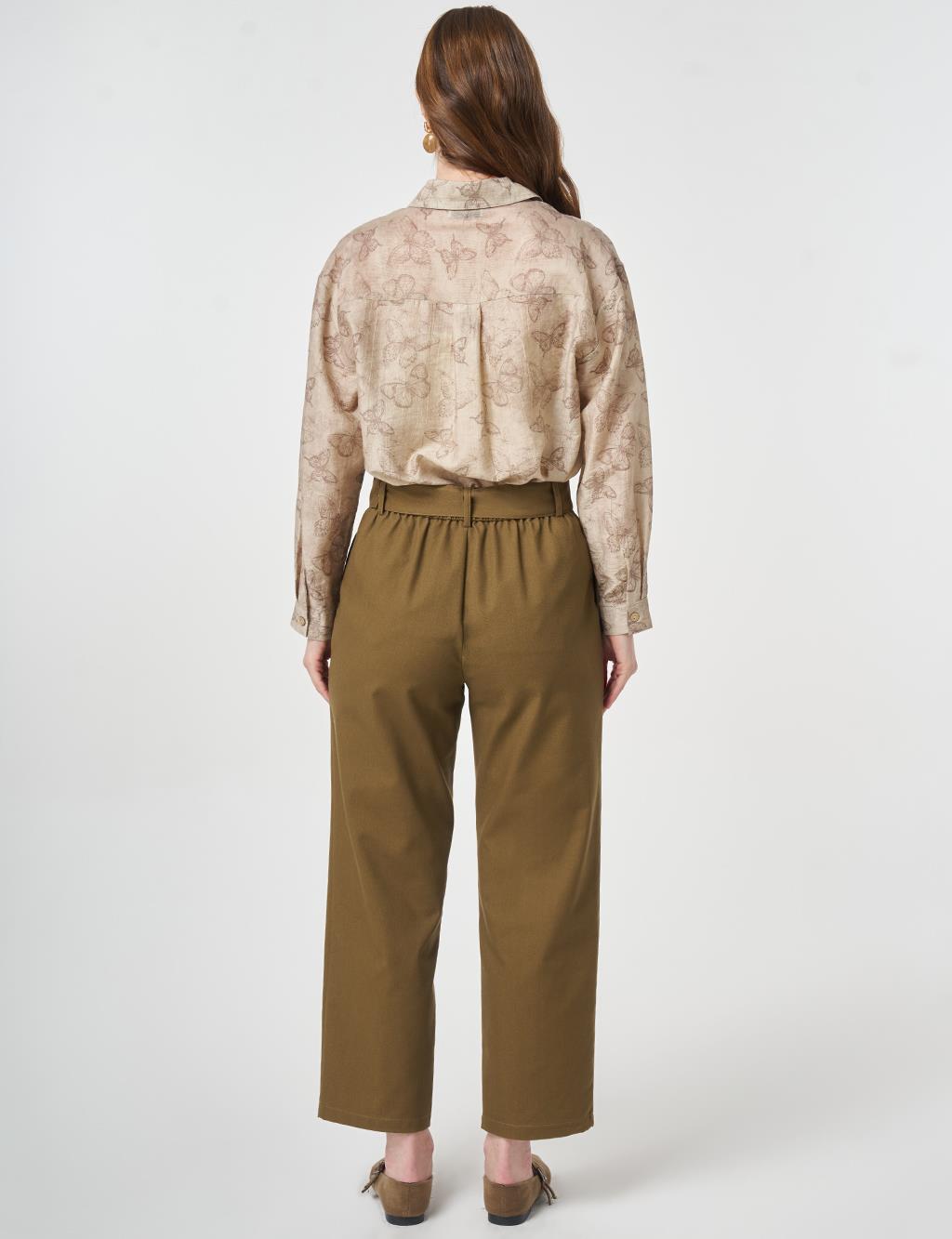 Belt-Detail Viscose Trousers Khaki