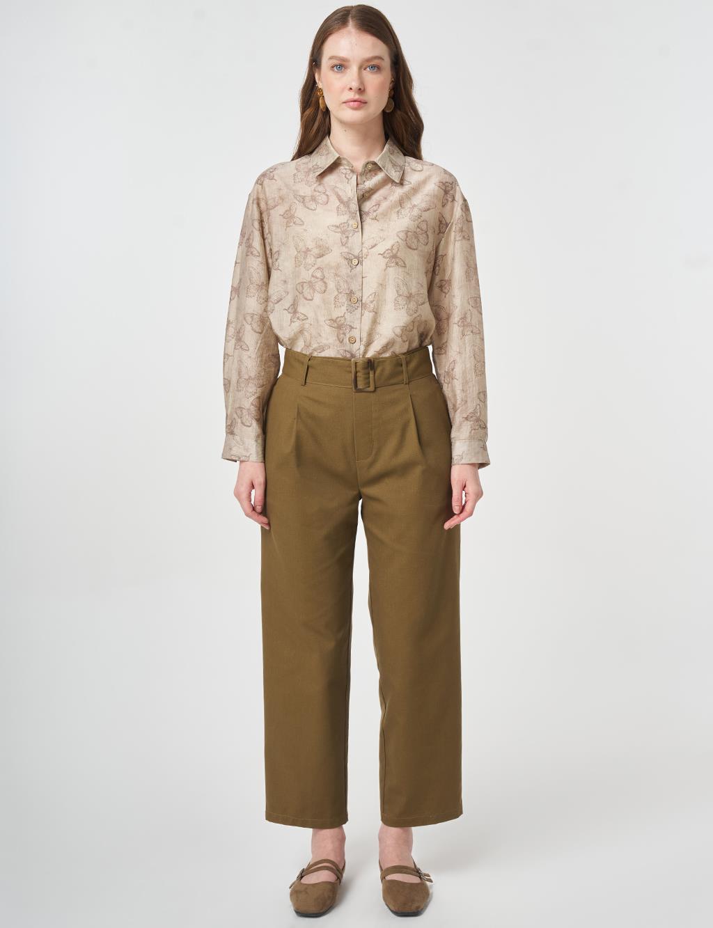 Belt-Detail Viscose Trousers Khaki