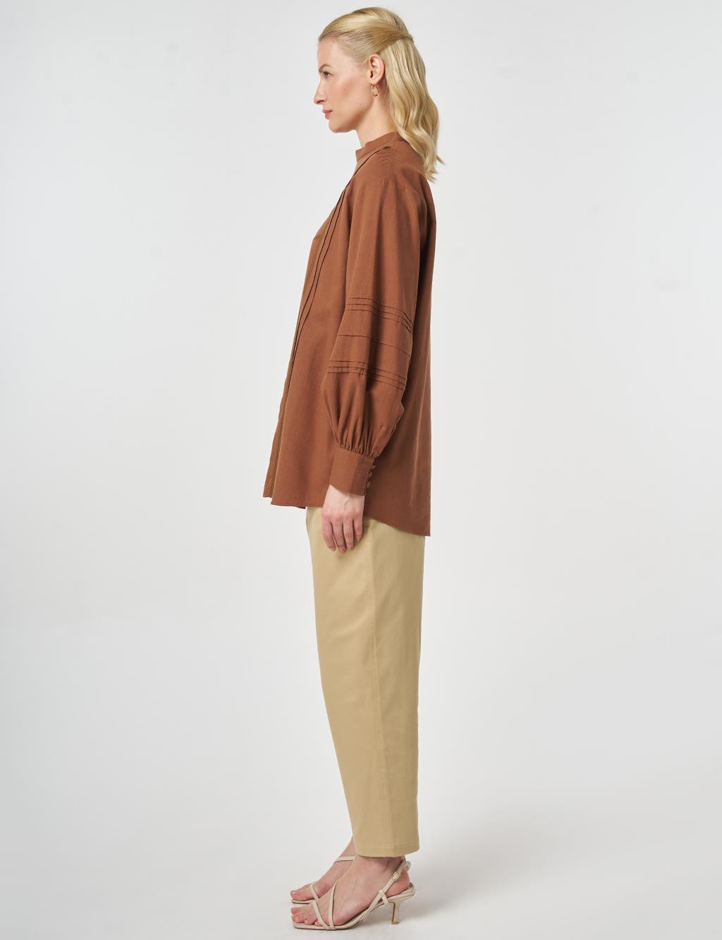 Ribbed Stitch Cotton Linen Blouse Brown