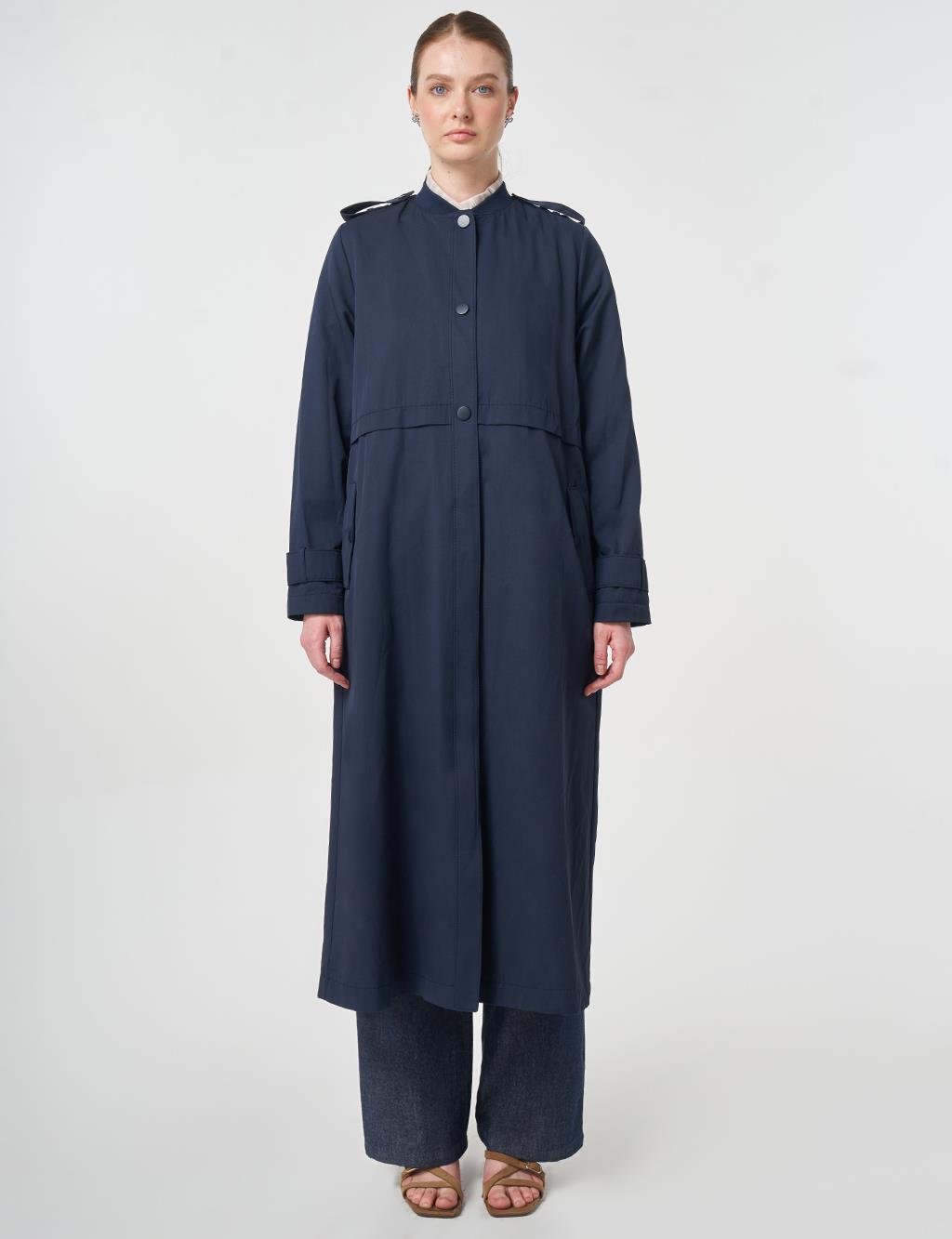 Epaulette-Detail Varsity Collar Throw-On Coat Dark Navy