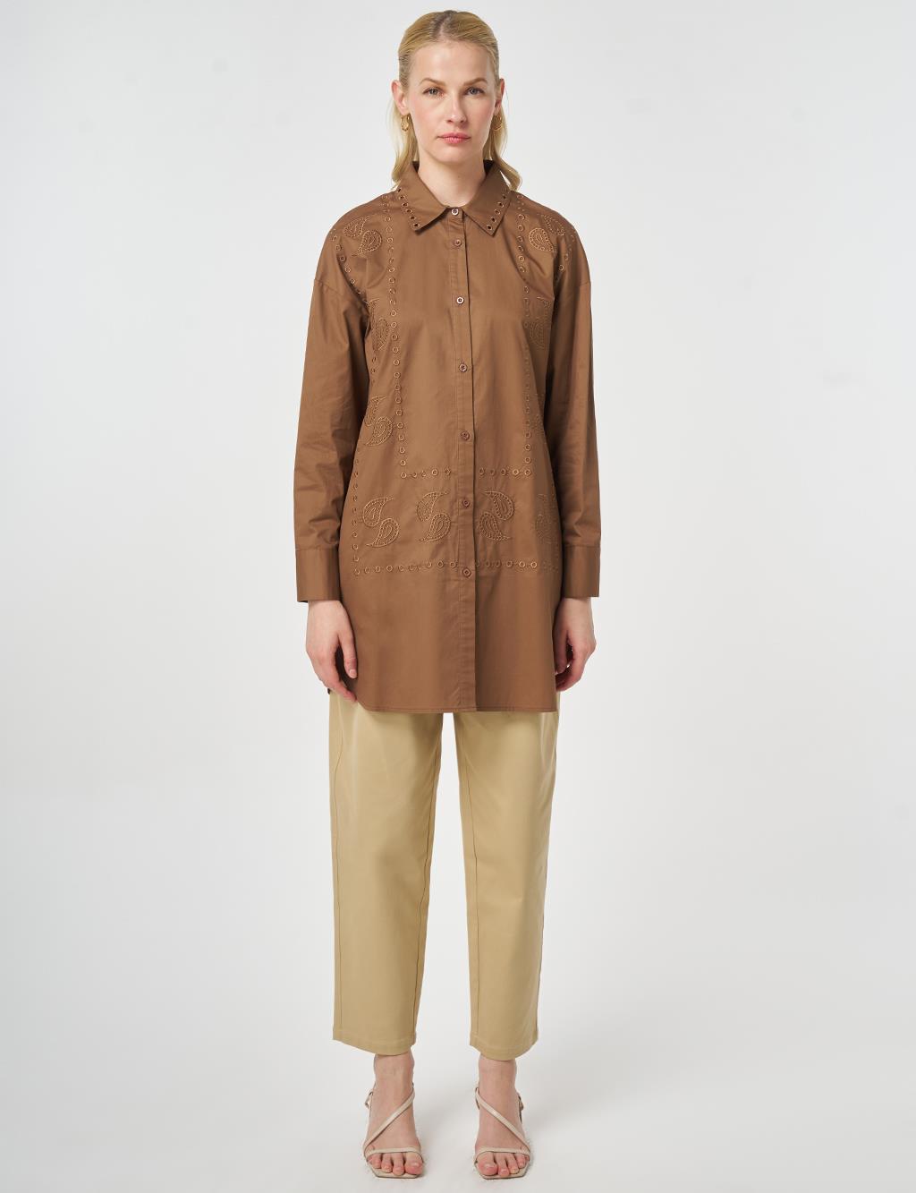 100% Cotton Shirt Collar Laser Cut Tunic Brown