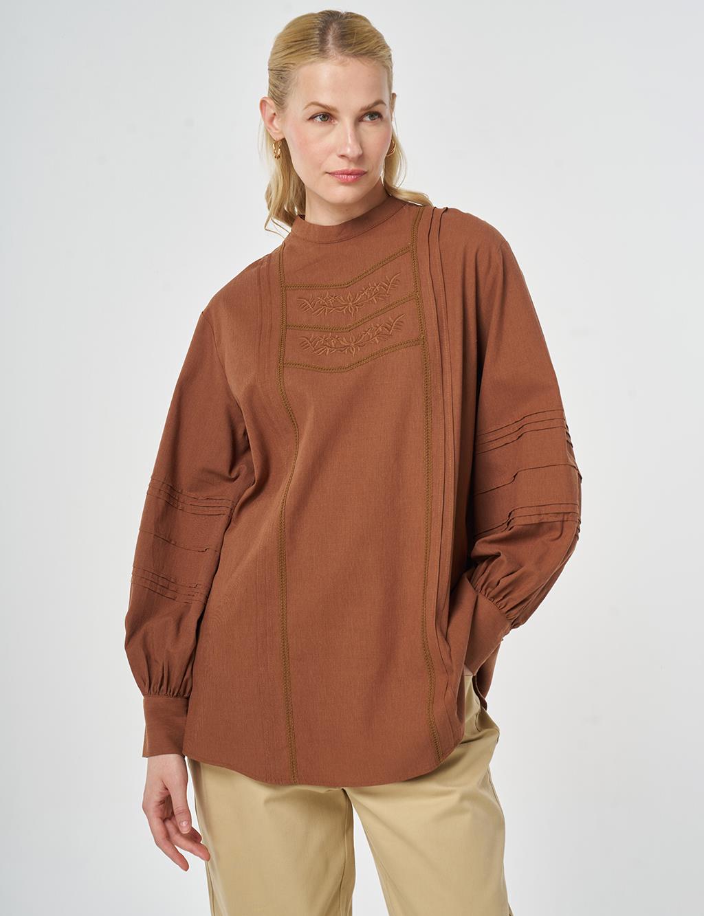Ribbed Stitch Cotton Linen Blouse Brown