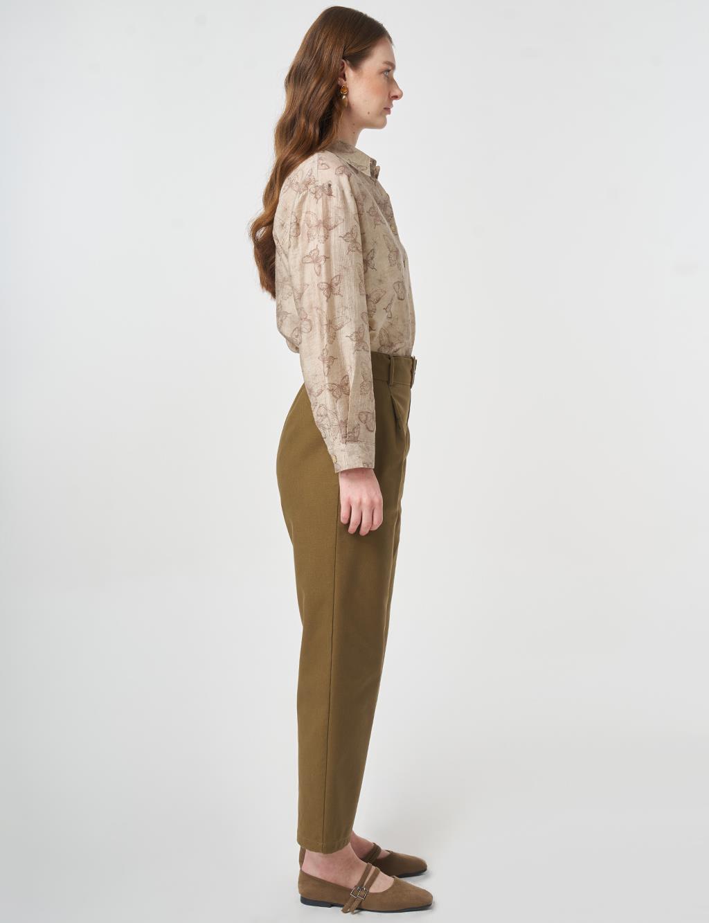 Belt-Detail Viscose Trousers Khaki