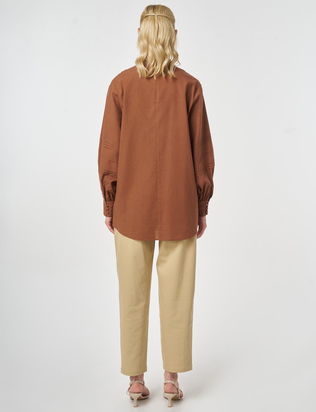 Ribbed Stitch Cotton Linen Blouse Brown