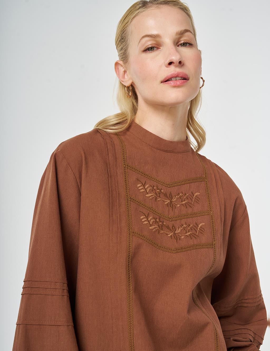 Ribbed Stitch Cotton Linen Blouse Brown