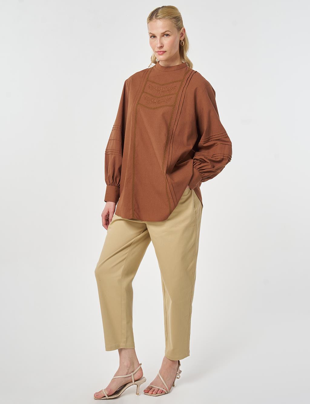 Ribbed Stitch Cotton Linen Blouse Brown