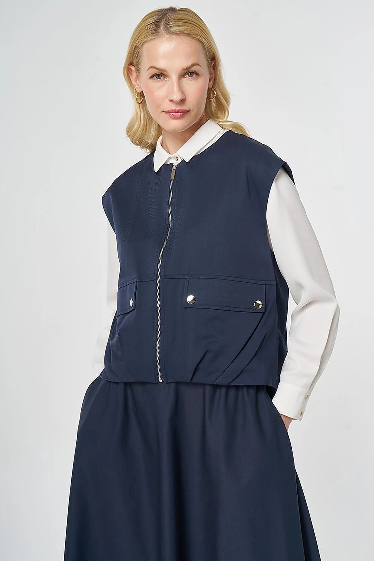 Zipper Closure Short Vest, Dark Navy