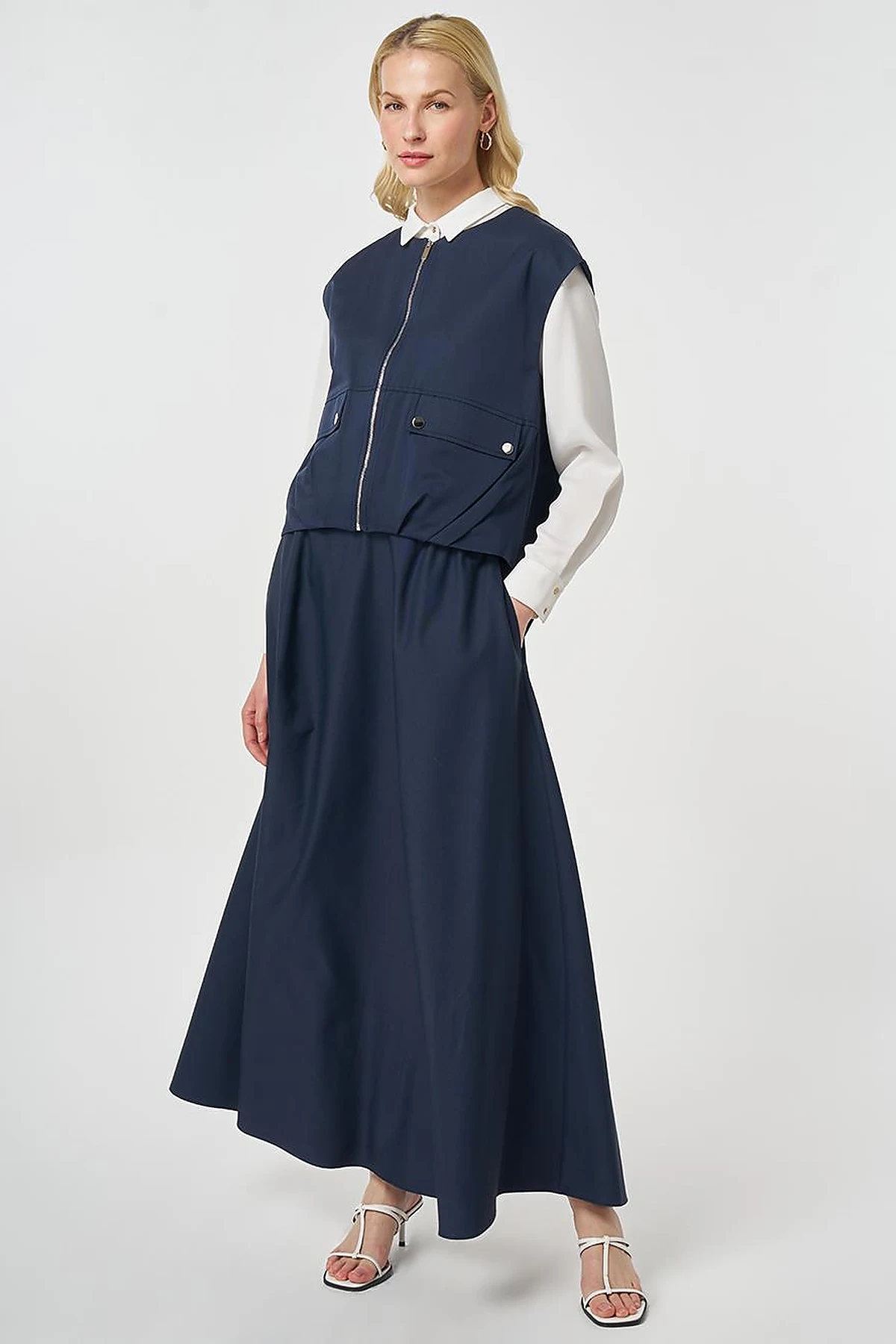 Zipper Closure Short Vest, Dark Navy