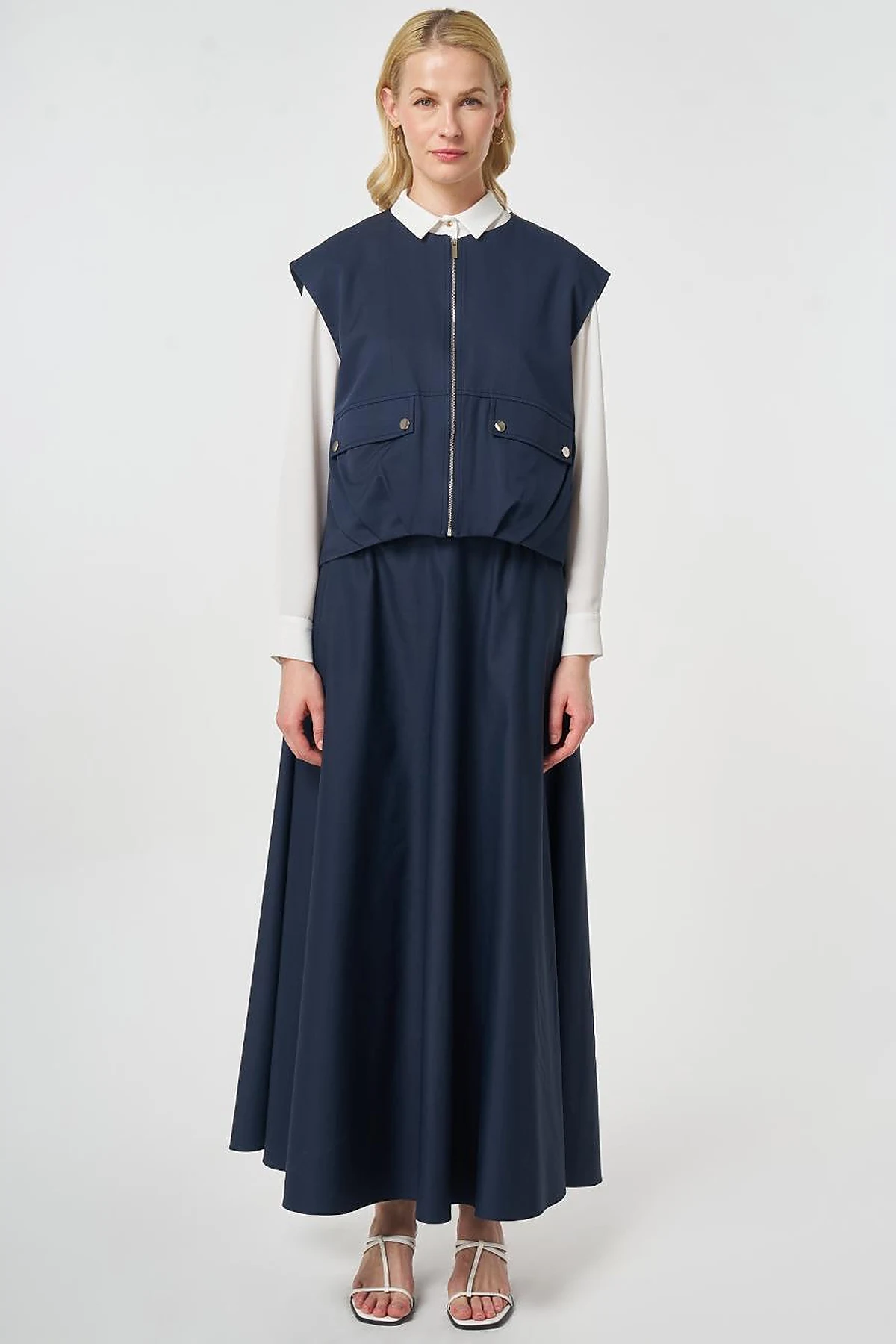 Zipper Closure Short Vest, Dark Navy