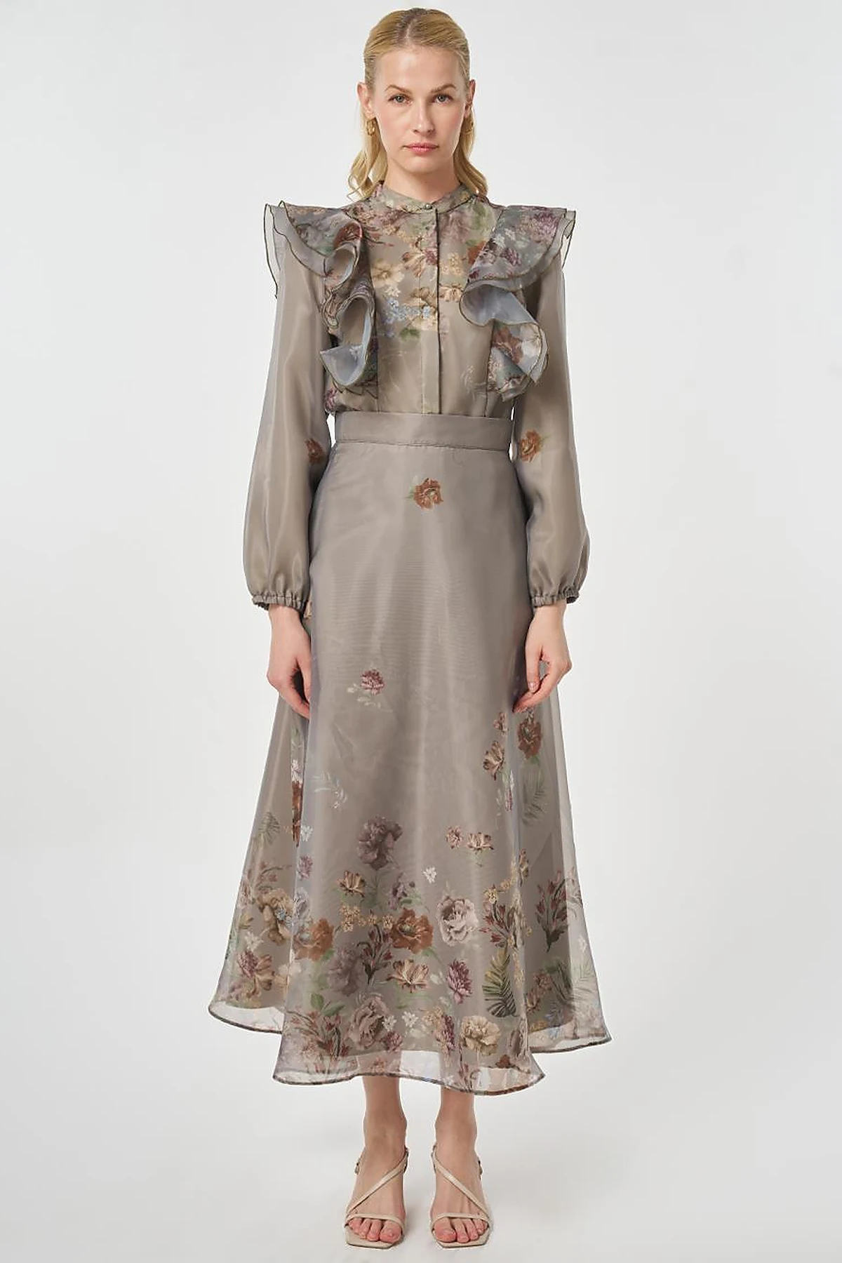 Organza Skirt Suit with Ruffle Detail, Moss Green