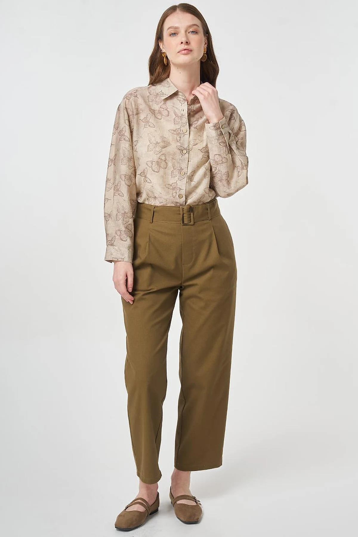 Belt-Detail Viscose Trousers Khaki