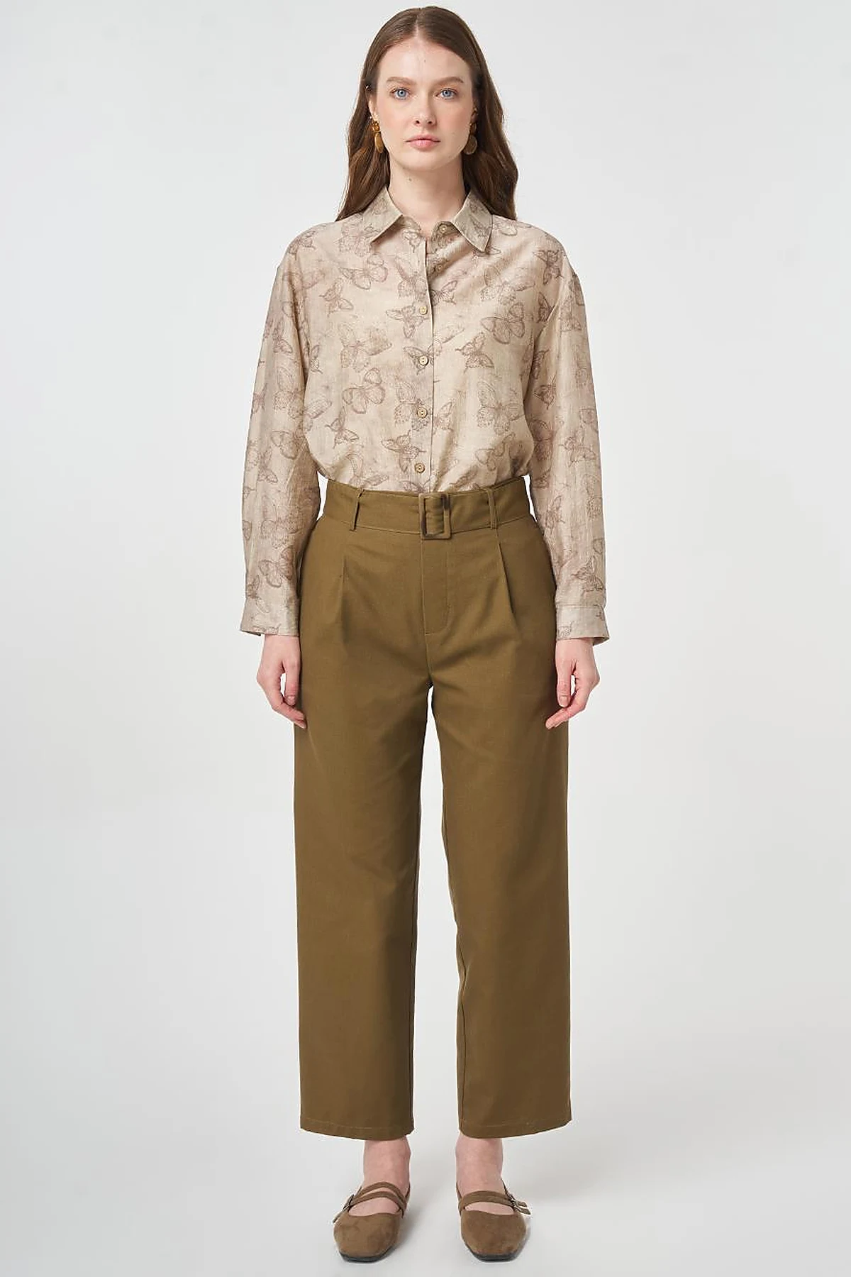 Belt-Detail Viscose Trousers Khaki