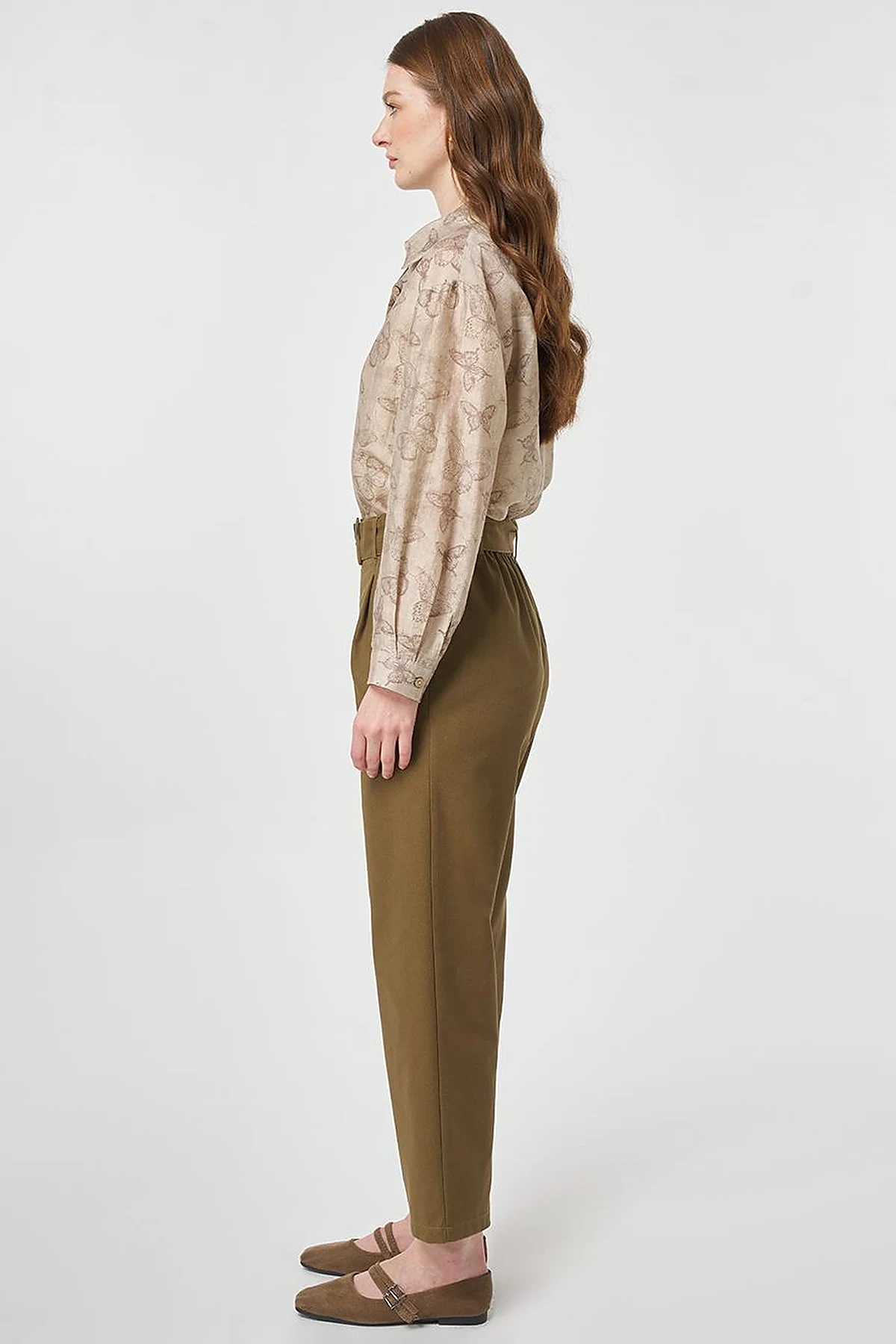 Belt-Detail Viscose Trousers Khaki