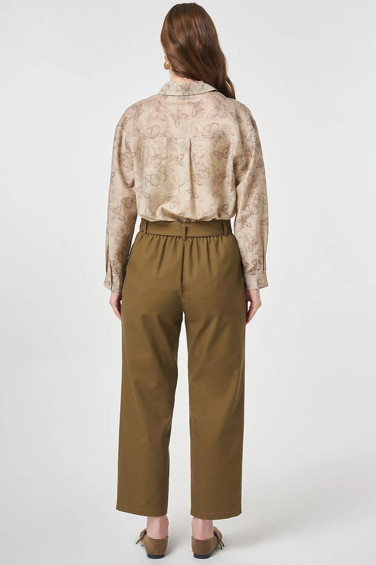 Belt-Detail Viscose Trousers Khaki