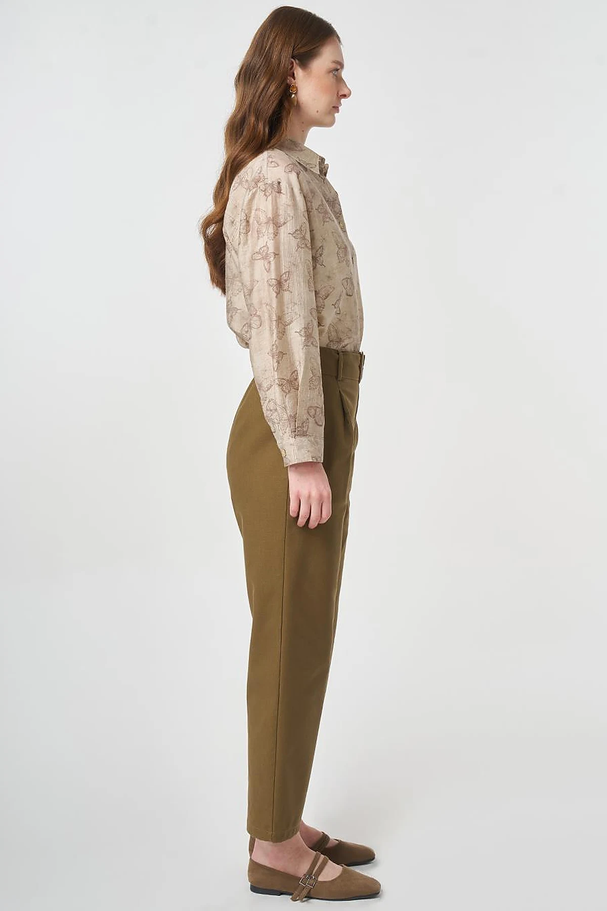 Belt-Detail Viscose Trousers Khaki