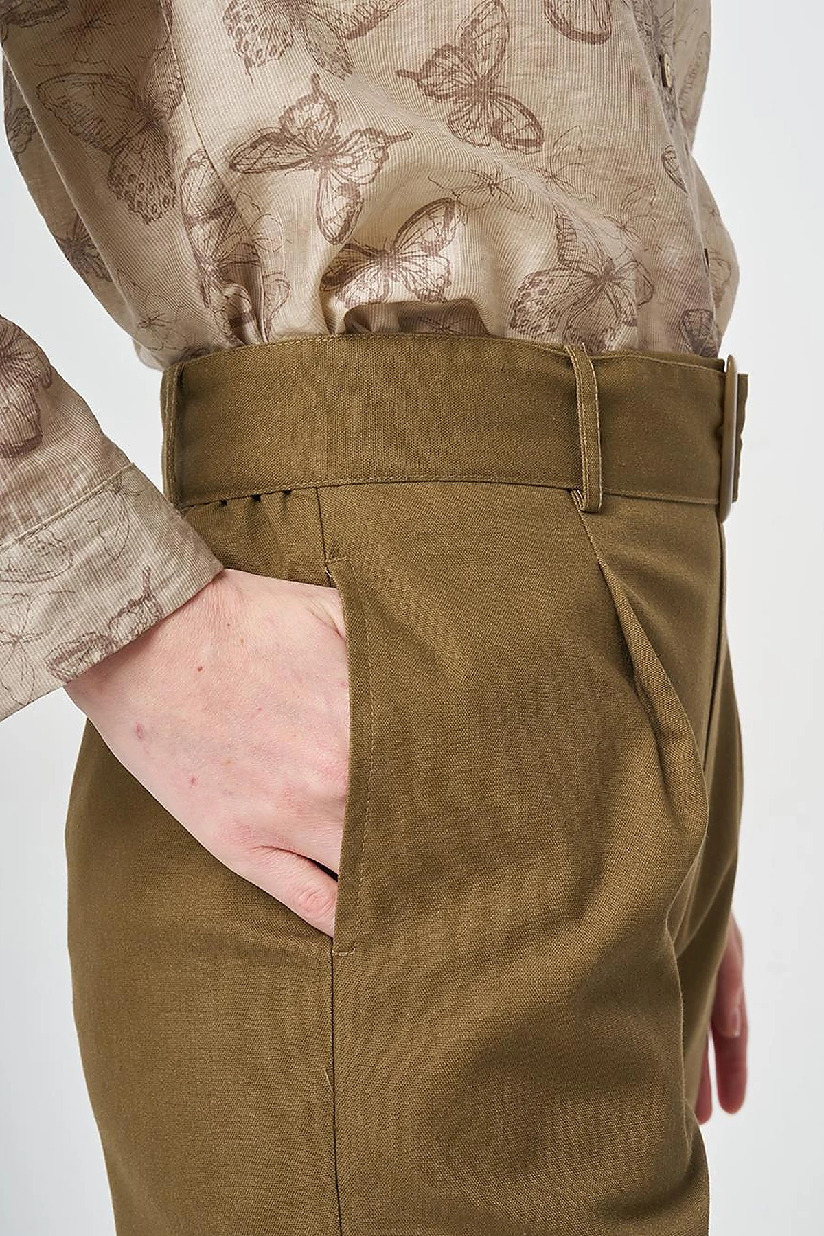 Belt-Detail Viscose Trousers Khaki
