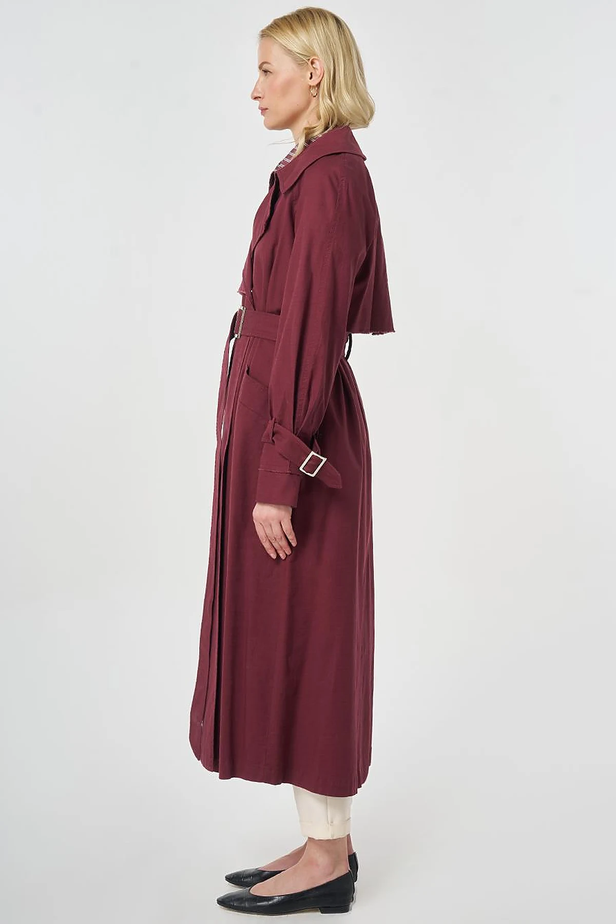 Kuşaklı ve Apolet Detaylı Trençkot Bordo