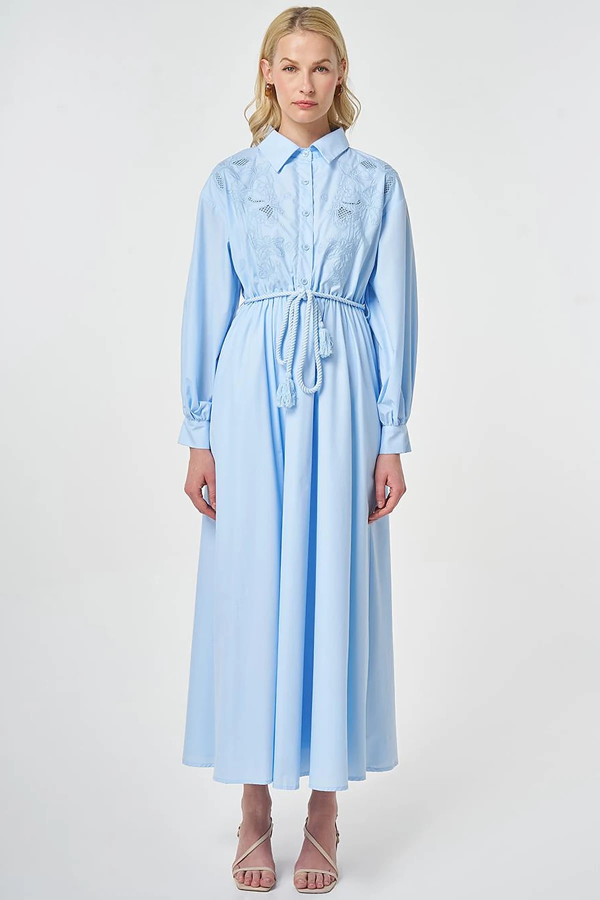 Embroidered Cotton Dress Ice Blue